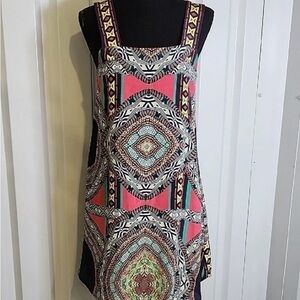 ALEXIS 100% Silk Multicolor Tribal Print Handkerchief Hem Dress Size S